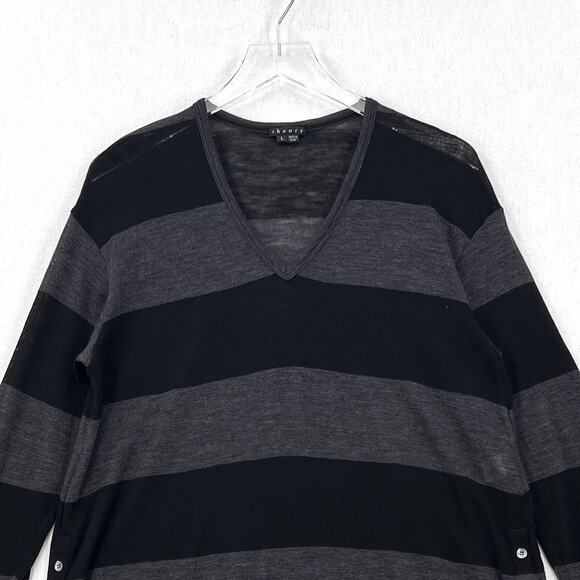 THEORY Ingora Underline Wool Sweater Black Gray Striped V-neck Button Detail - Picture 3 of 13